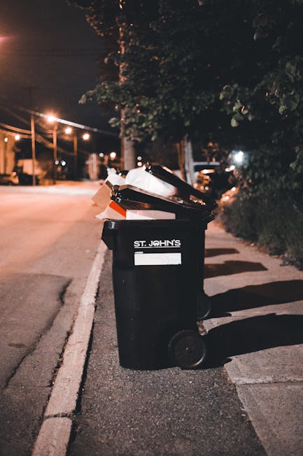 A black wheelie bin with a white label marked 'ST. JOHN'S' positioned on the pavement next to a curb at night. The bin is partially open, revealing various cardboard boxes and packaging materials insi